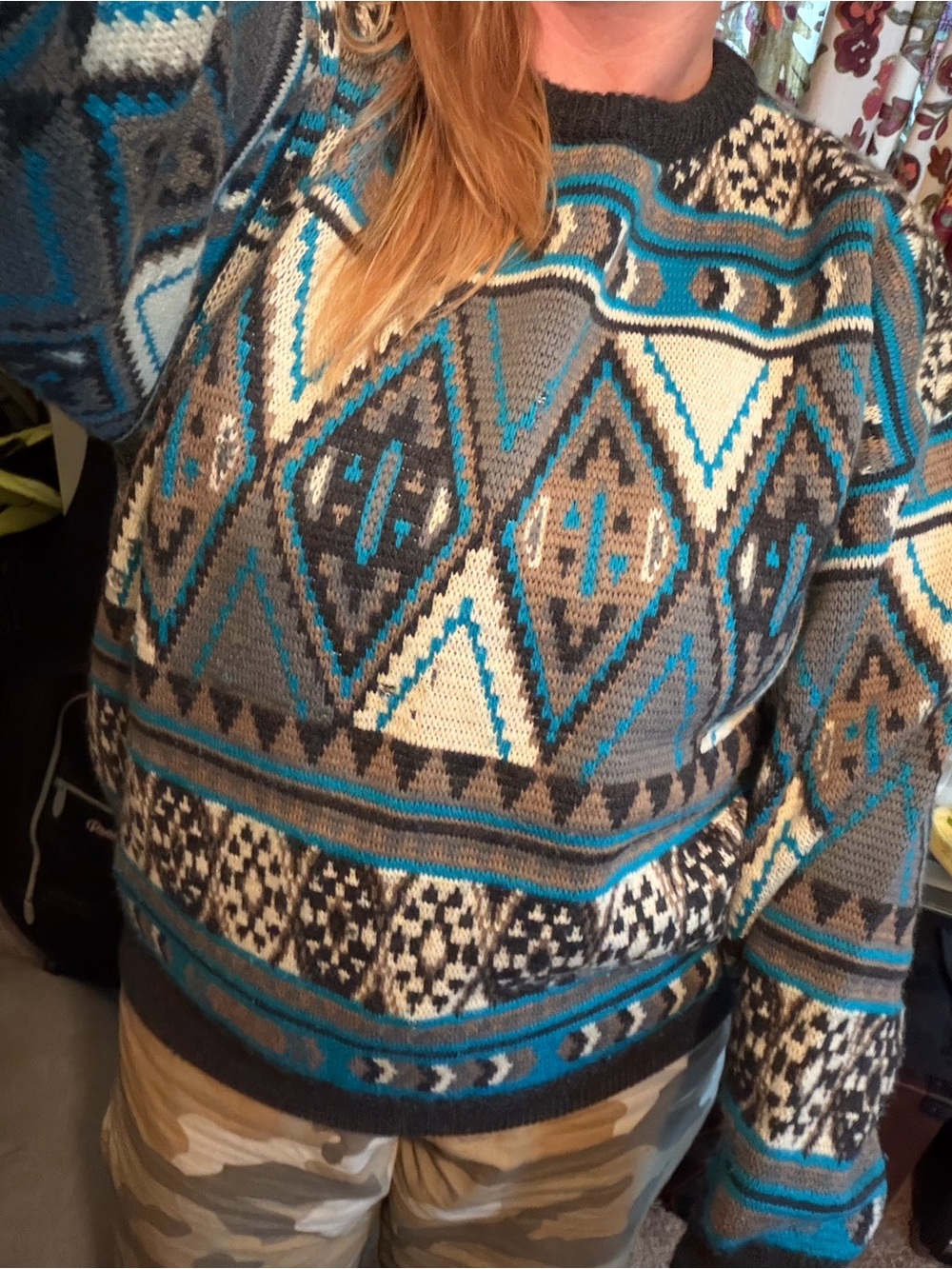 RARE-Pre-1987 Cuggi/Coogi Men's Geometric Pattern Crewneck Sweater - Blue & Gray - Picture 3 of 13